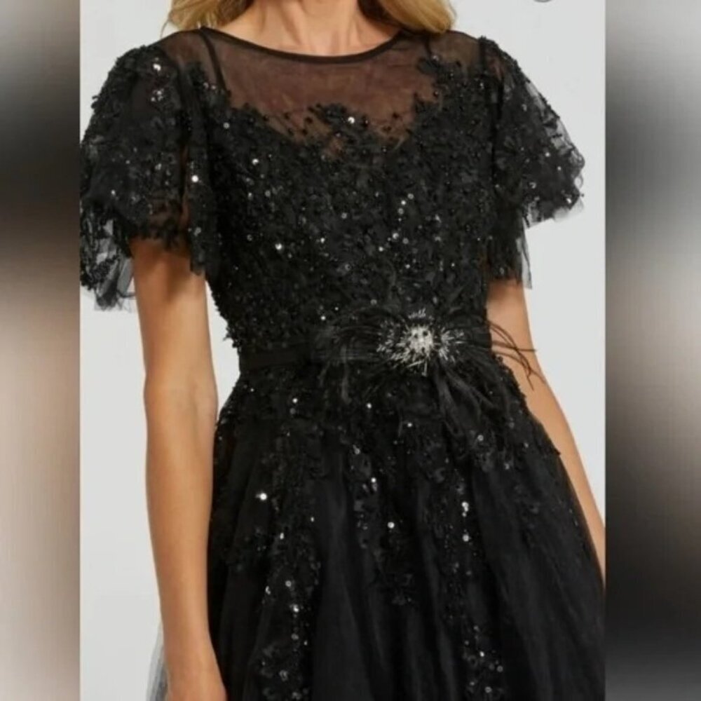 Mac Duggal Black Sequin Tulle Midi Dress - Picture 4 of 11